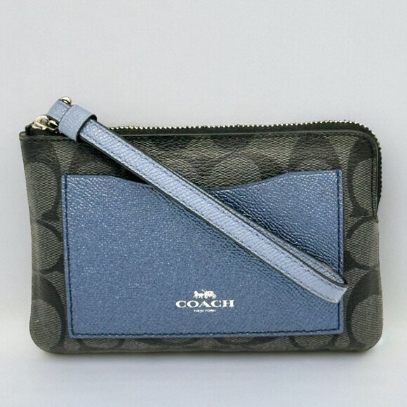 EUC Coach Corner Zip Wristlet with Metallic Navy Colorblock (Black Smoke/Silver) - Picture 2 of 16